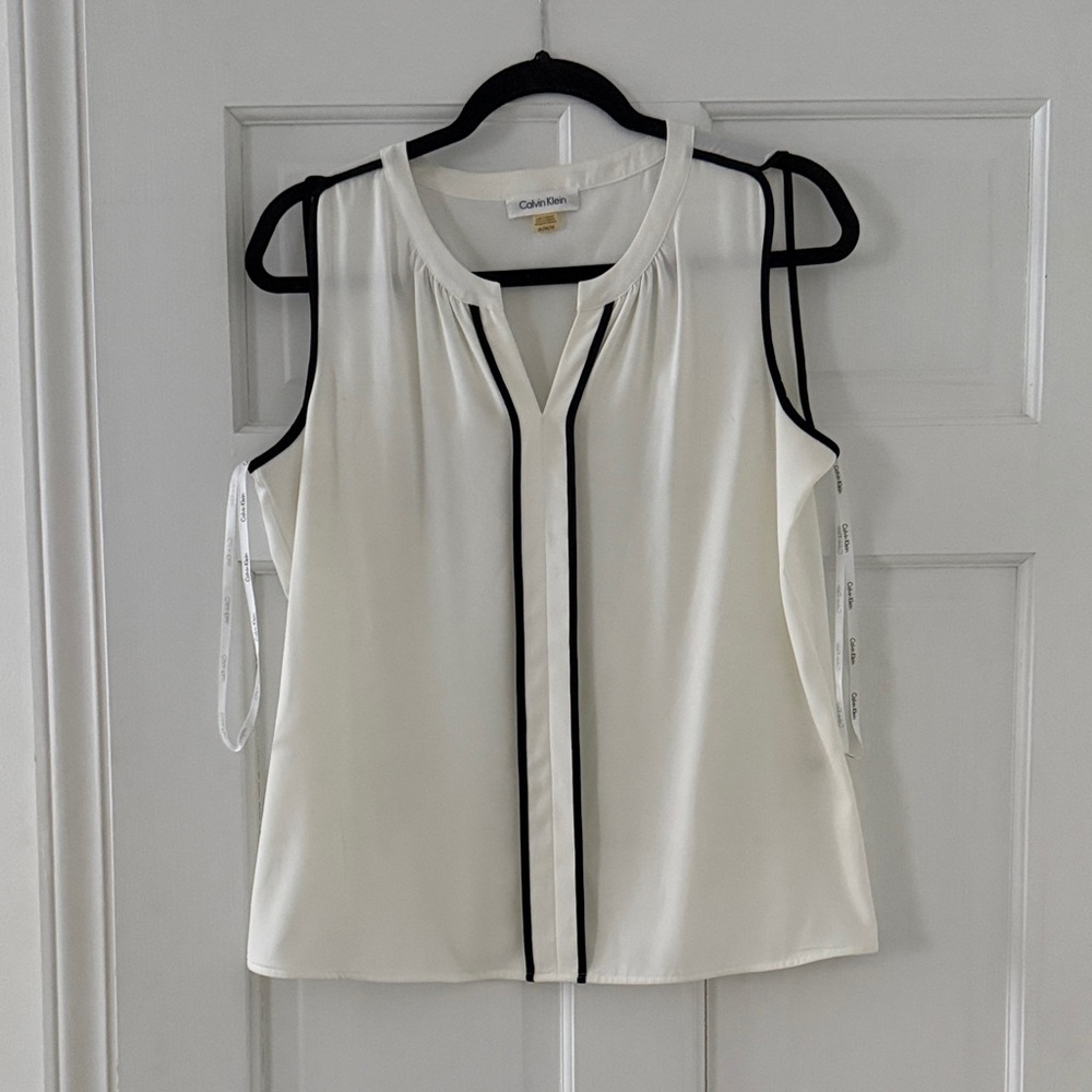 Calvin Klein Cream Sleeveless Blouse with Black Trim